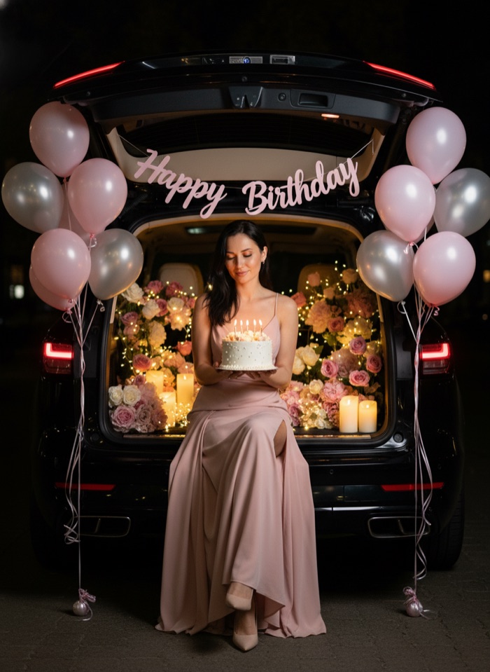 Открытка на день рождения: шары, цветы и надпись Happy Birthday
